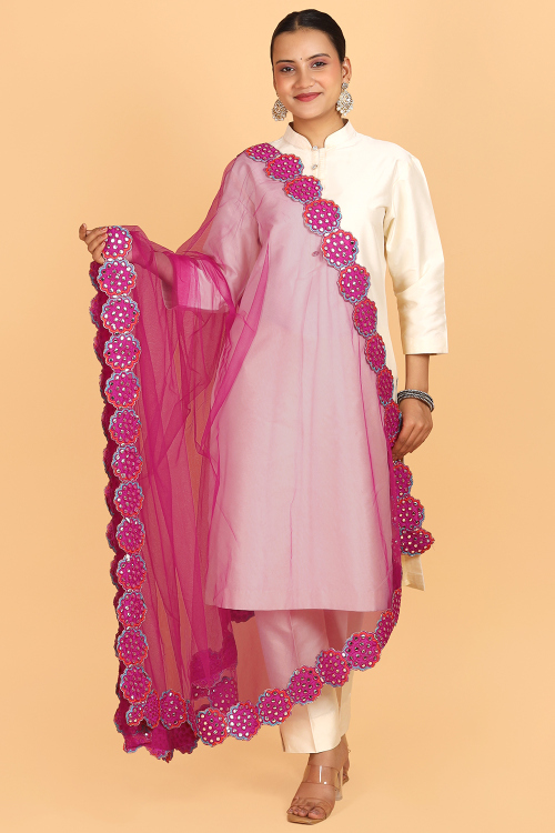Ruby Pink Net Faux Mirror Work Dupatta