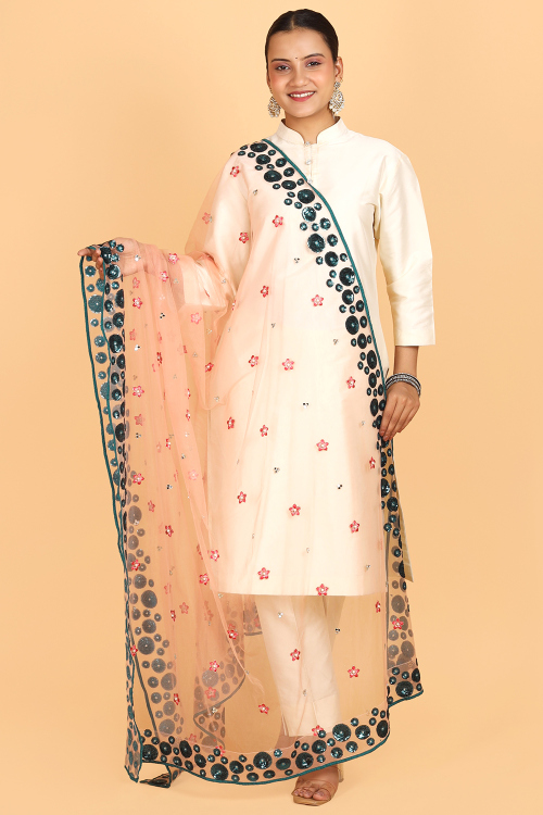 Peach Net Pearl Embroidered Dupatta