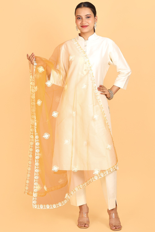 Mustard Yellow Net Embroidered Dupatta