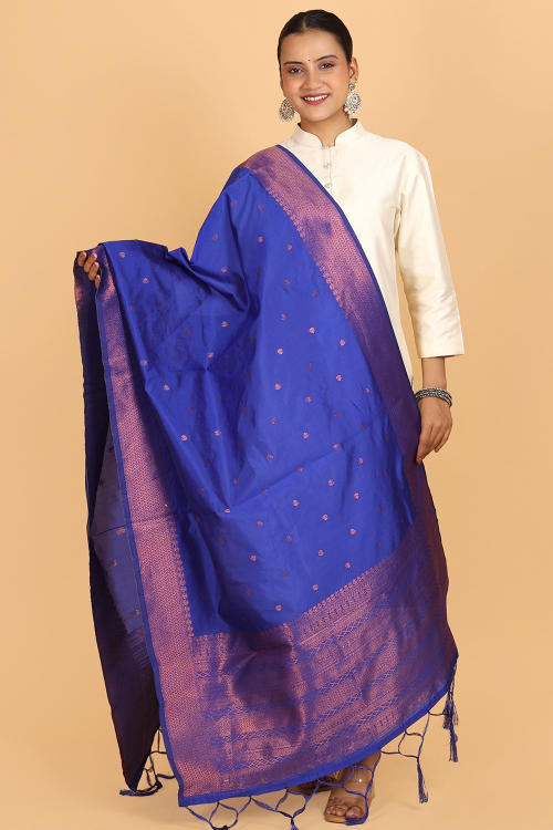 Royal Blue Organza Woven Zari Embroidered Dupatta