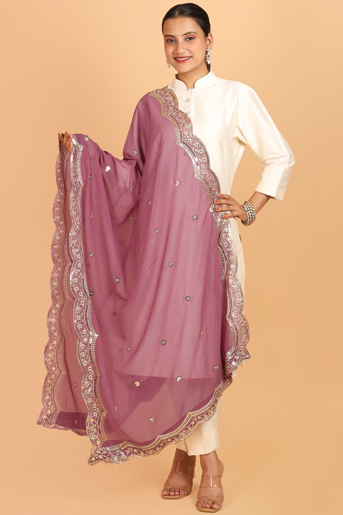 Dark Thulian Pink Georgette Embroidered Dupatta