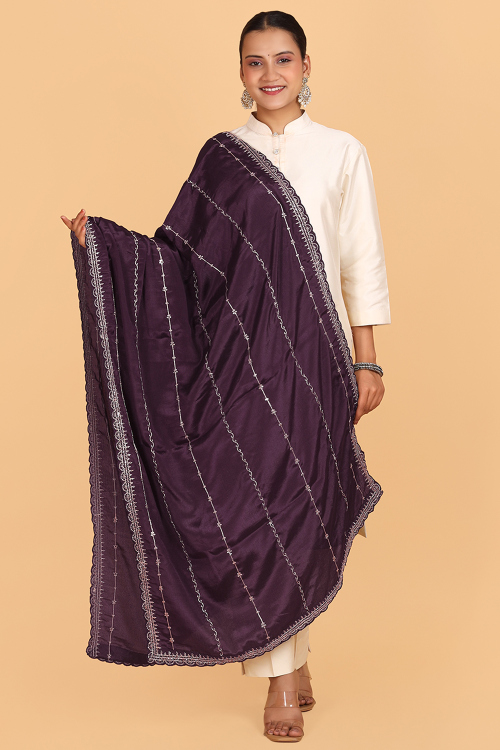 Plum Purple Chinnon Dori Embroidered Dupatta