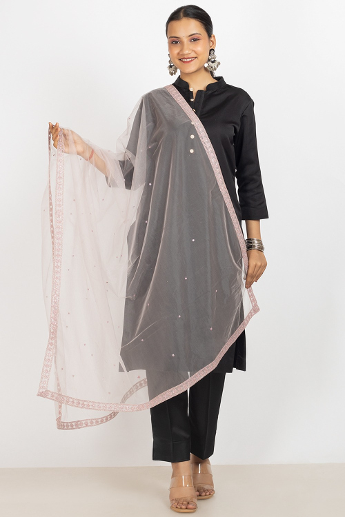 Mauve Pink Net Embroidered Lace Dupatta