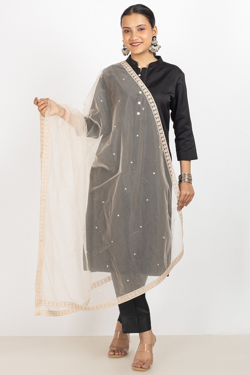 Light Peach Net Embroidered Lace Dupatta 