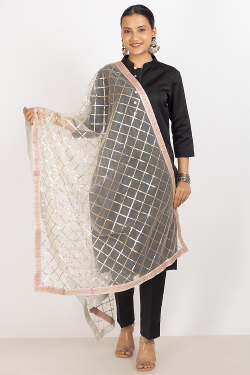 Off-White Sequins Embroidered Lace Dupatta In Net 