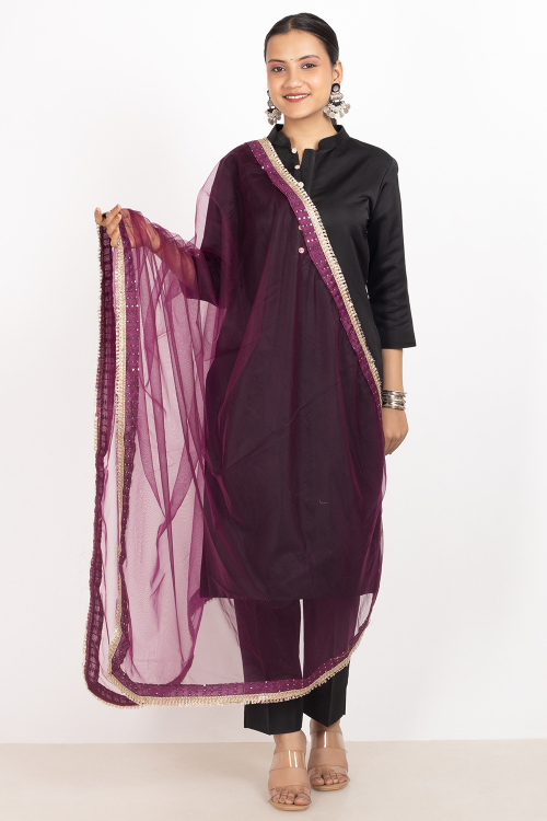 Burgundy Maroon Net Lace Work Dupatta