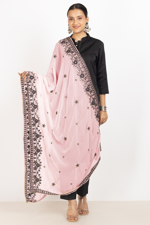 Pink Georgette Thread Embroidered Dupatta