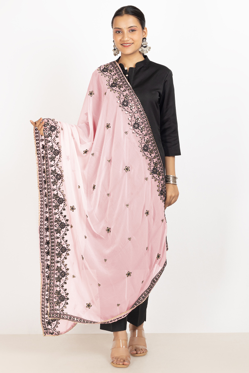 Pink Georgette Thread Embroidered Dupatta