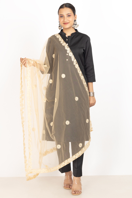 Light Orange Net Thread Embroidered Dupatta