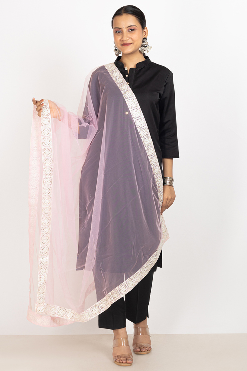 Ultra Pink Net Thread Embroidered Dupatta