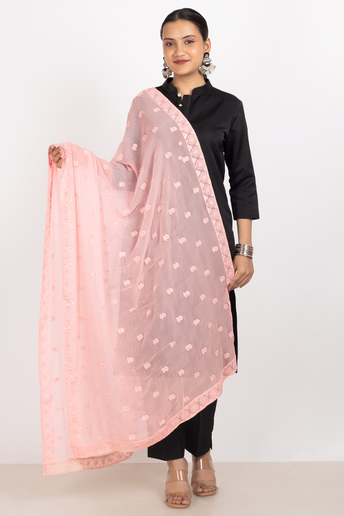 Salmon Peach Georgette Thread Embroidered Dupatta