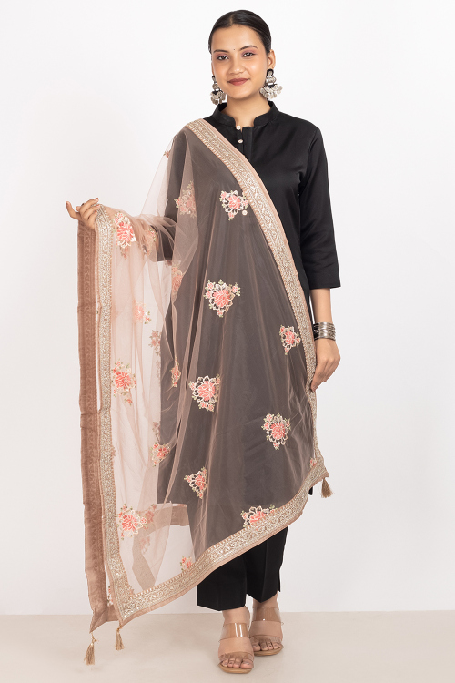 Dusty Mauve Net Thread Embroidered Dupatta