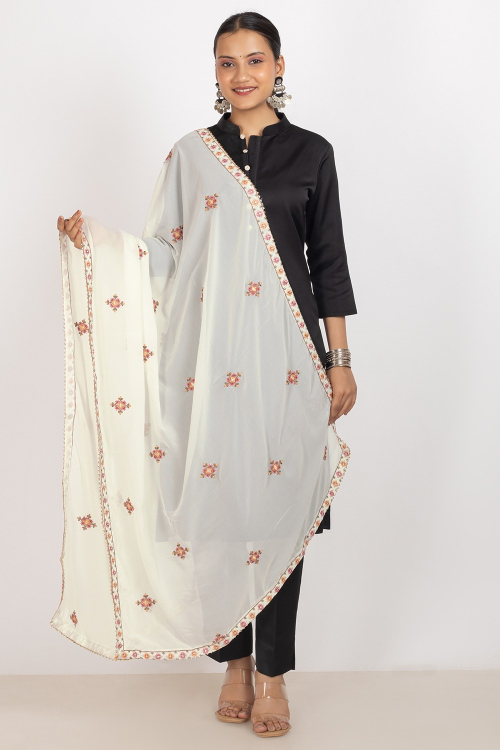Cream Beige Embroidered Lace Georgette Dupatta