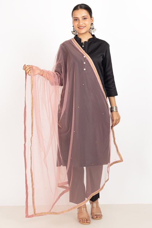 Rose Pink Net Stone Work Dupatta
