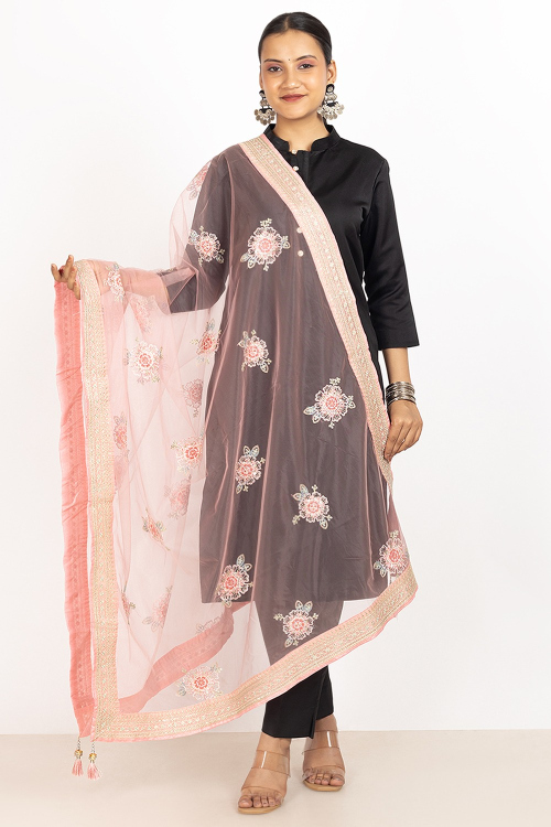 Taffy Pink Net Thread Embroidered Dupatta