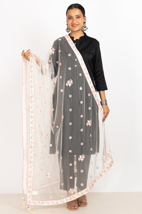 Off White Net Thread Embroidered Dupatta