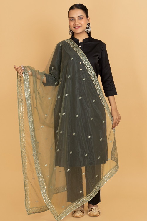 Dusty Green Net Lace Work Dupatta