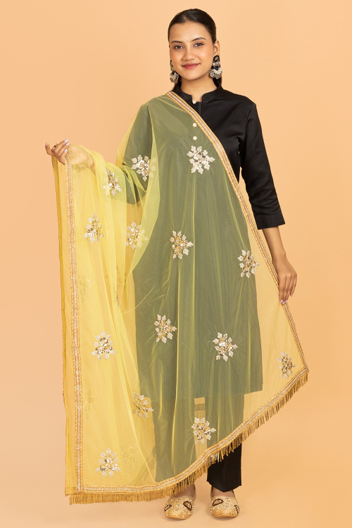Yellow Net Resham Thread Embroidered Dupatta