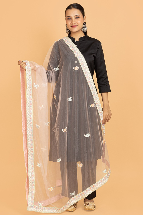Light Pink Net Resham Thread Embroidered Dupatta