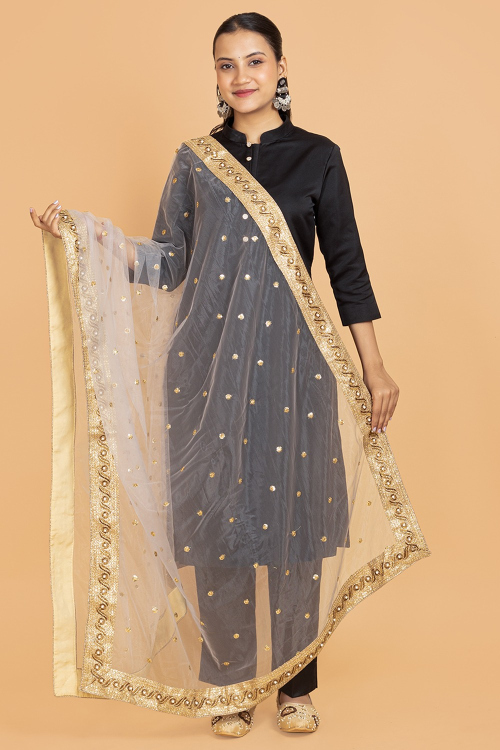 Light Grey Net Embroidered Lace Dupatta 