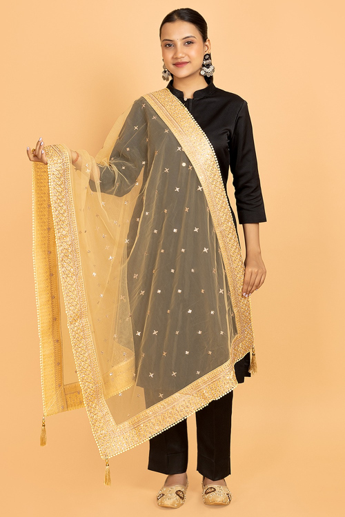 Pale Yellow Net Embroidered Lace Dupatta 