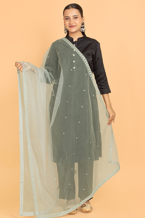 Sage Green Embroidered Dupatta In Net