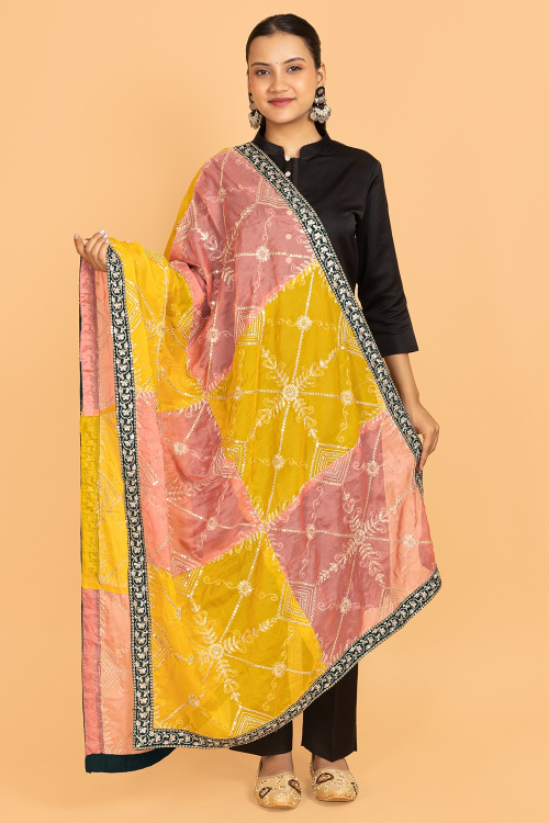 Salmon Pink And Mustard Yellow Embroidered Organza Dupatta