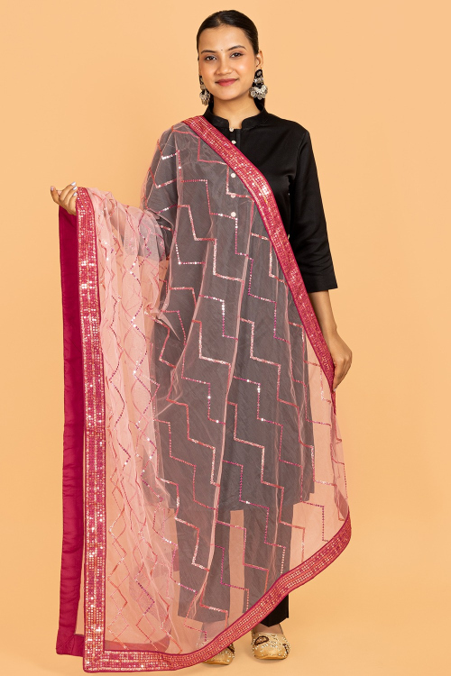 Salmon Pink Embroidered Lace Net Dupatta