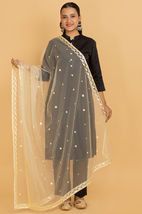 Pale Yellow Net Sequins Embroidered Dupatta