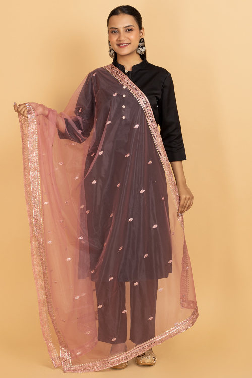 Dusty Pink Net Zari Embroidered Dupatta