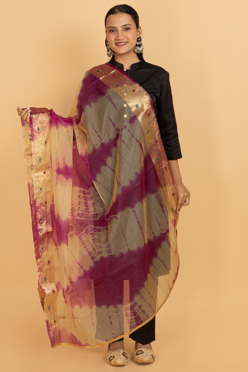 Rani Pink Organza Printed Dupatta