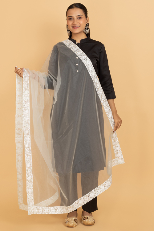Powder Blue Net Sequins Embroidered Dupatta