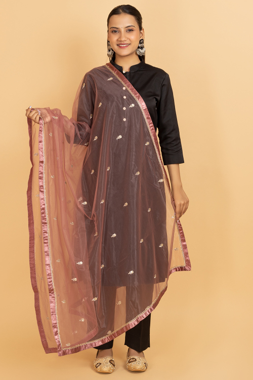 Dusty Pink Net Zari Embroidered Dupatta
