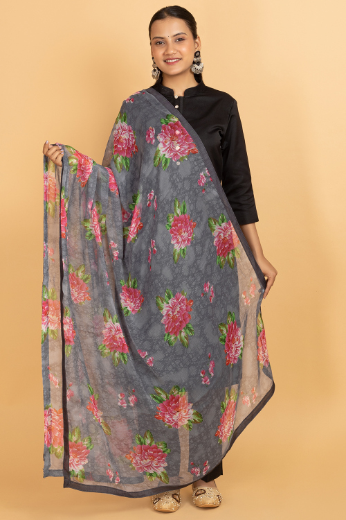 Grey Chiffon Printed Dupatta
