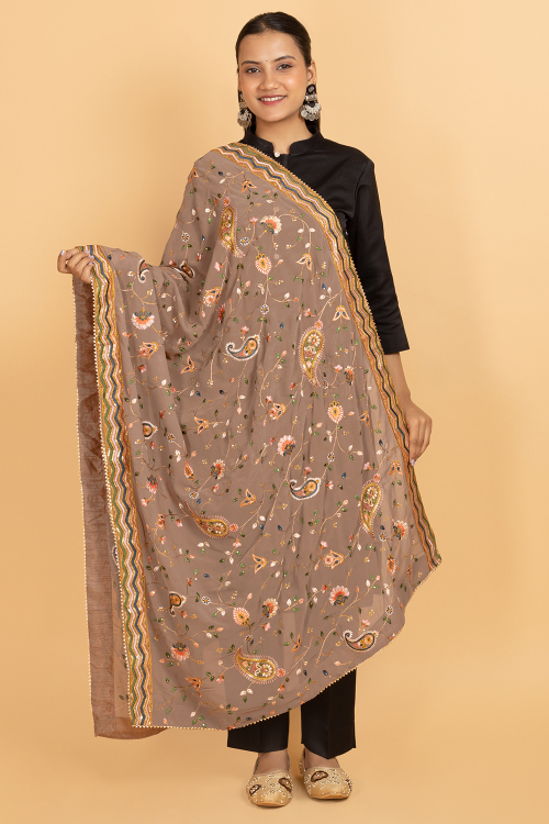 Light Brown Georgette Sequins Embroidered Dupatta