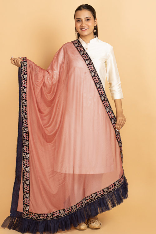 Salmom Orange Net Resham Embroidered Dupatta