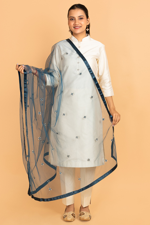 Sea blue Net Zari Embroidered Dupatta