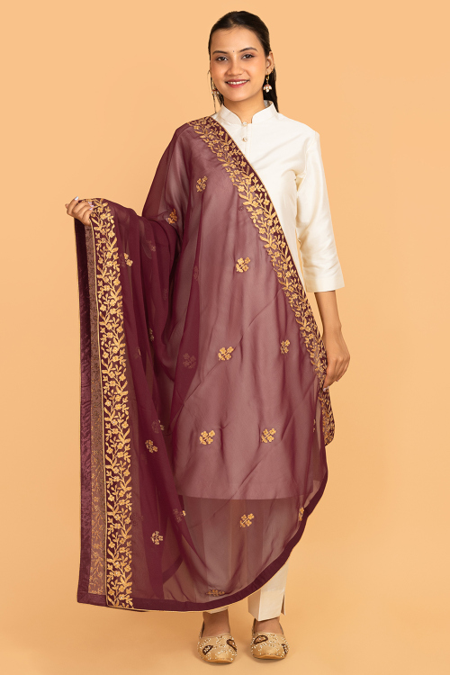 Maroon Georgette Zari Embroidered Dupatta