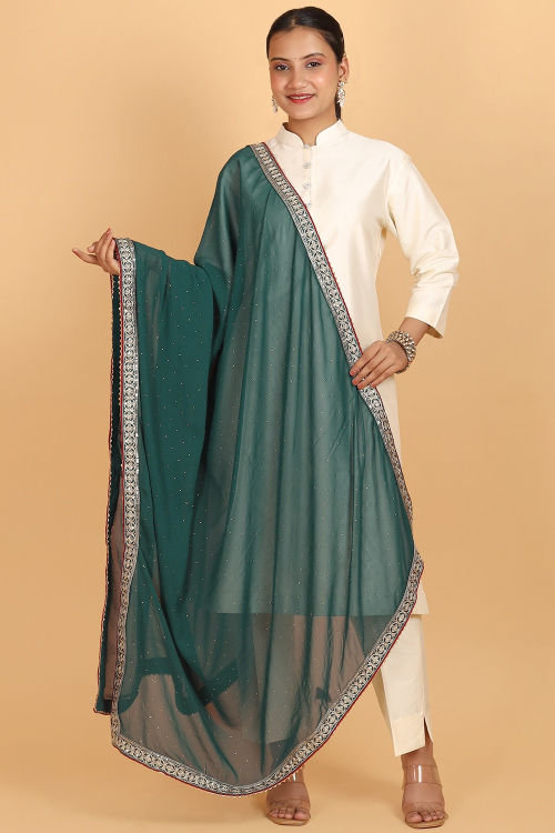 Bottle Green Georgette Embroidered Lace Dupatta 