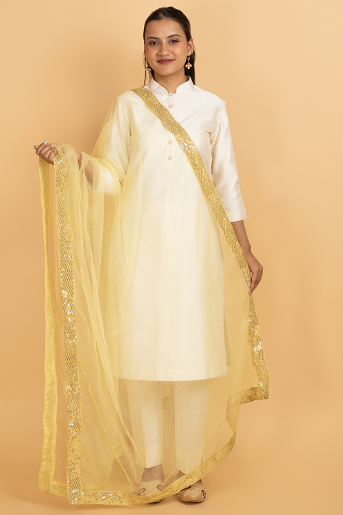 Pale Yellow Net Sequins Embroidered Dupatta