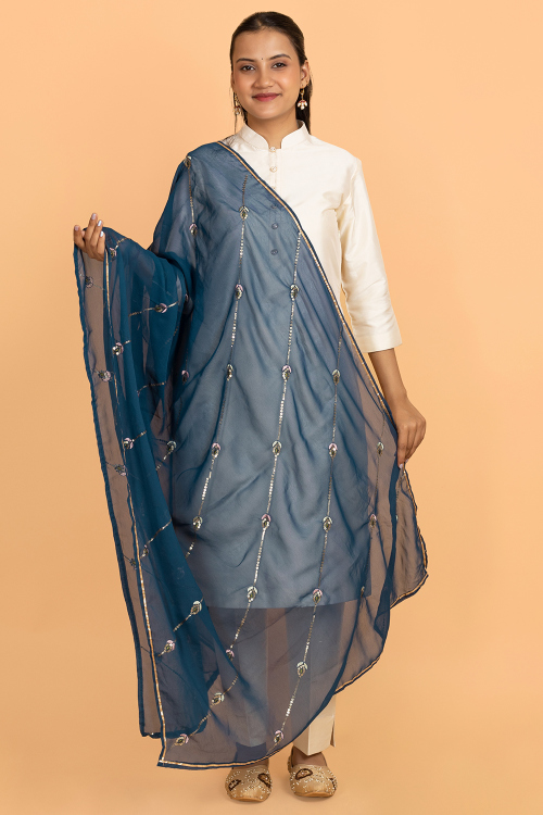 Sea Blue Georgette Thread Embroidered Dupatta