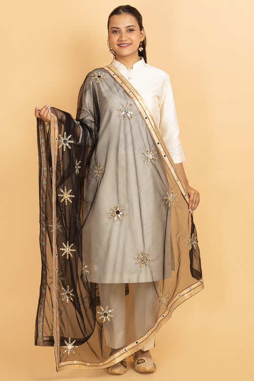 Black Net Zari Embroidered Dupatta