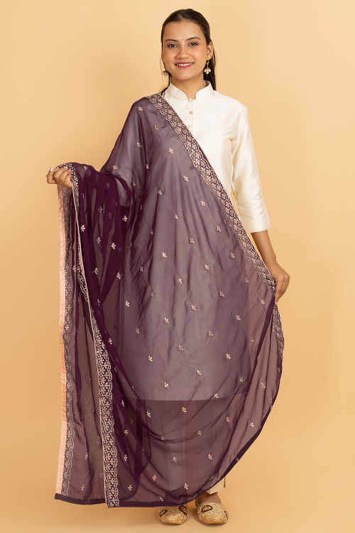 Burgundy Maroon Georgette Thread Embroidered Dupatta