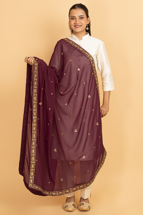 Dark Maroon Georgette Zari Embroidered Dupatta