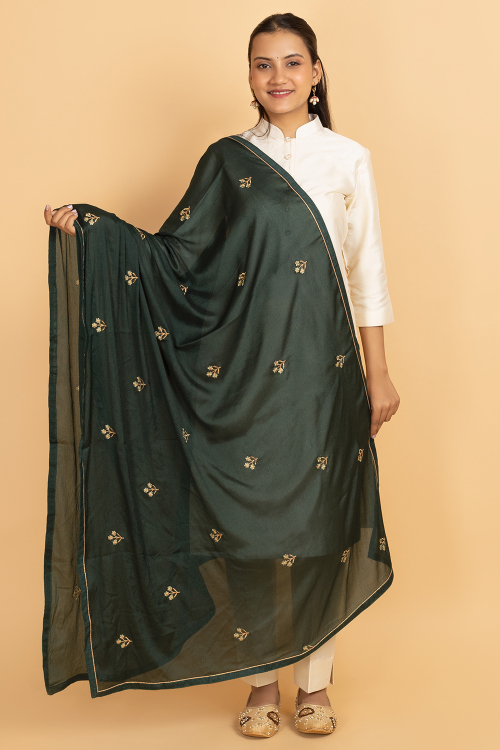 Dark Green Chiffon Zari Embroidered Dupatta