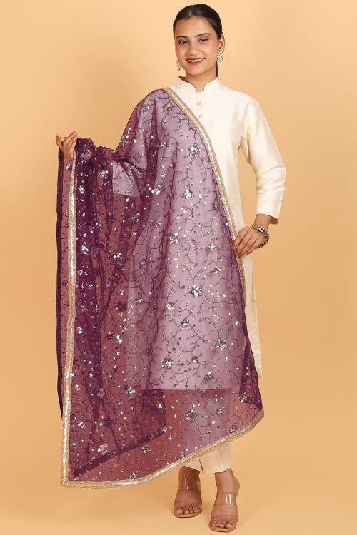 Burgundy Maroon net Embroidered Lace Dupatta 