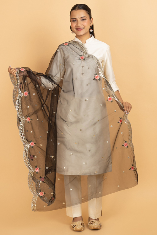 Black Net Zari Embroidered Dupatta