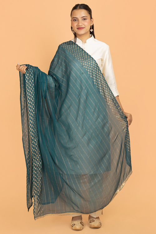 Teal Blue Foil Printed Chiffon Dupatta