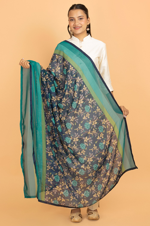 Navy Blue Chiffon Printed Dupatta