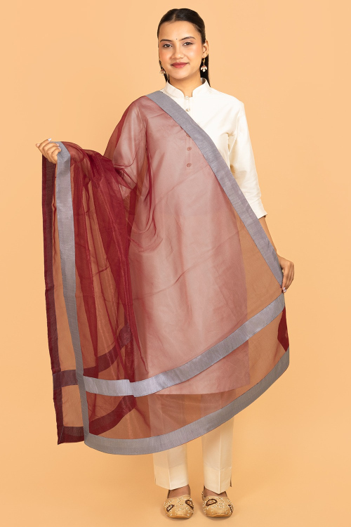 Deep Red Net Lace Embroidered Dupatta 